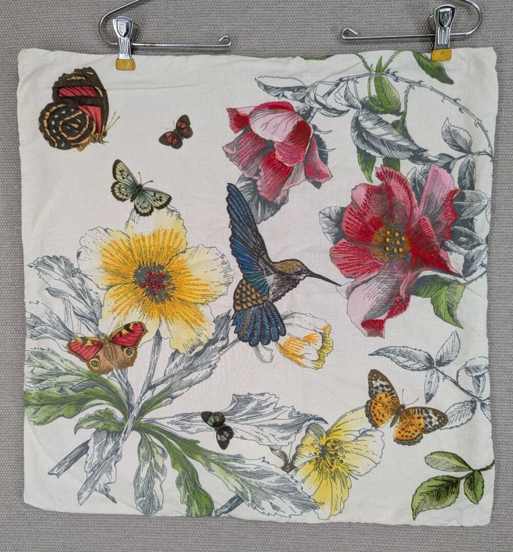 Pottery Barn Hummingbird Butterfly Botanical Embroidered Pillow Cover 20" x 19"